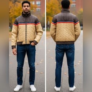 Alpine Ski Vintage Puffer Jacket Converts To Vest In Cream Brown And Rainbow XL